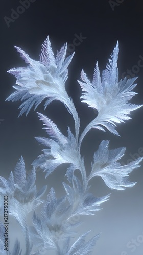Abstract white frost patterns resembling trees on a blue background