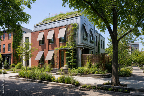 Modern Heat Resilient Urban Townhouse with a Reflective Cool Roof, Exterior Window Shades, Rooftop Garden, Ventilated Facade, Bioswale, and Mature Trees