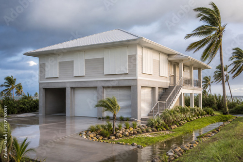 Hurricane Resistant Coastal Home with an Elevated Living Floor, Reinforced Concrete Base, Compact Hip Roof, Closed Storm Shutters, and Secure Drainage