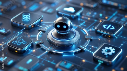 Obraz na płótnie Intelligent Agent Orchestrating AI Automation Workflow, Connecting Data, Code, and Digital Tools for Seamless Process Management