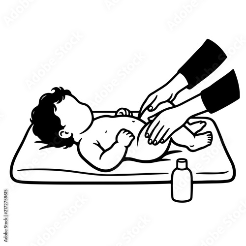 Parent hands performing gentle baby body massage spa care on changing mat vector illustration line art black and white
