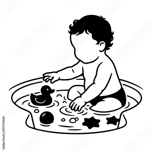 Cute baby sitting and playing with rubber duck water toys in inflatable tub pool vector illustration line art black and white