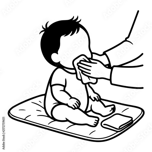 Mother hands gently wiping baby face with cloth towel after bath vector line art illustration black and white