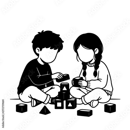 Cute kids sitting on floor playing with educational wooden building blocks toy vector illustration line art black and white