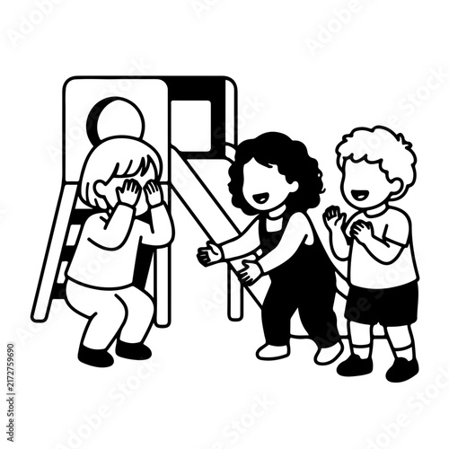Happy preschool kids playing together on indoor playground slide structure kindergarten activity for children vector line art