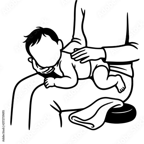 Mother massaging baby back on lap infant wellness spa treatment for burping gas relief relaxation vector line art illustration