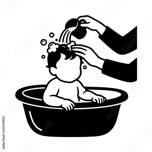 Mother hand washing baby hair in tub for daily hygiene and baby spa care continuous line art vector illustration