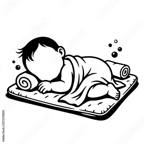 Cute infant lying down sleeping covered with towel after relaxing massage spa treatment line art vector illustration