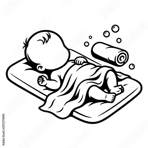 Adorable sleeping baby relaxing on soft mattress towel after spa treatment line art vector illustration for newborn care