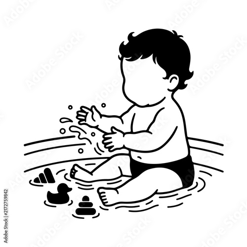 Cute baby sitting in a bathtub playing with bath toys water splash line art illustration for child care and baby spa vector design