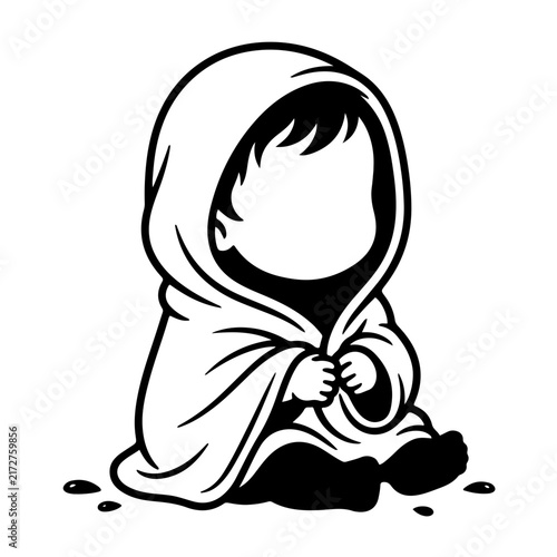 Vector illustration of a cute newborn baby wrapped snugly in a soft hooded towel after a warm bath or spa treatment concept
