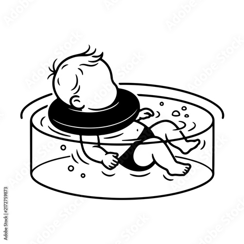 Vector illustration of a happy baby floating and swimming in a mini bath tub with a neck float ring for baby hydrotherapy and spa concept