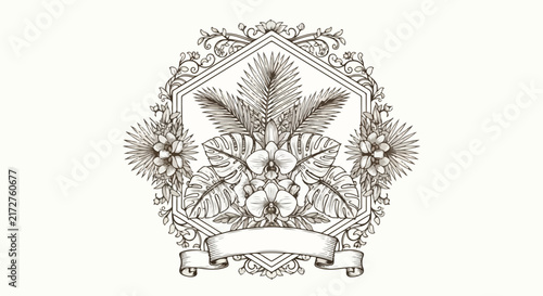 Ornate tropical floral crest illustration