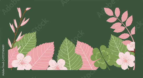 Pink and Green Floral Border on Dark Background