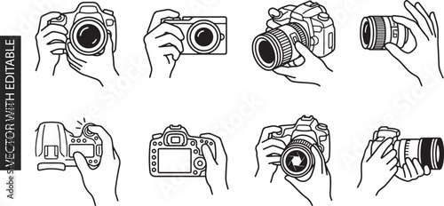 Cuadro en lienzo Set of black outline hands holding camera icons for photography videography and digital imaging concepts