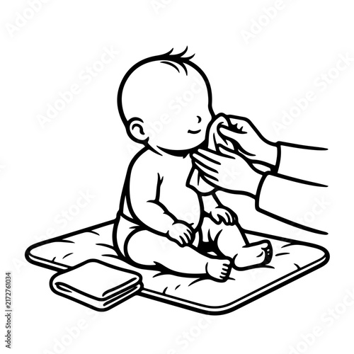 Little baby sitting on a cushion while having face wiped clean by hands vector illustration line art icon, infant daily skin care hygiene and baby spa treatment concept isolated on white background