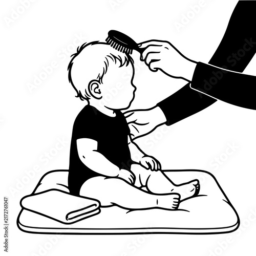 Cute baby sitting on a soft cushion getting hair combed by adult hands vector illustration line art icon, infant hygiene grooming care and daily baby spa routine concept isolated on white background