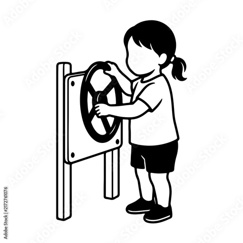 Little girl playing with a steering wheel toy panel at the playground black and white line art vector illustration coloring page for children