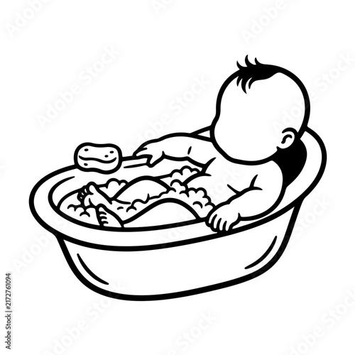 Adorable baby sitting in bathtub filled with soap foam holding sponge vector line art illustration isolated on white background for baby spa treatment