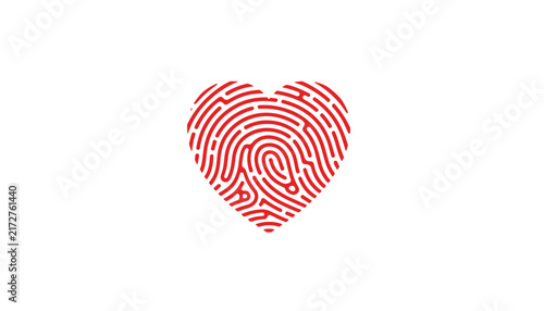 Red fingerprint texture in a perfect heart shape symbolic of love and identity isolated on a white background.