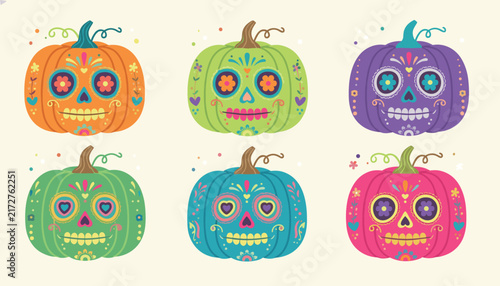 Collection of six colorful halloween pumpkins decorated in traditional mexican day of the dead style.