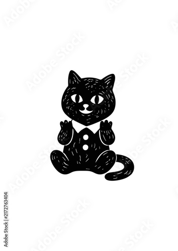 Black Cat Character Sitting with Paws Up, Hand-Drawn Cartoon Animal Illustration in Suit