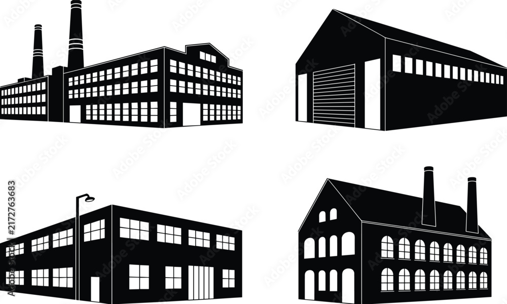Fototapeta premium Industrial Factory and Warehouse Building Silhouettes Collection Isolated on White Background, Manufacturing Plant Black Shadow Architecture Illustration Set