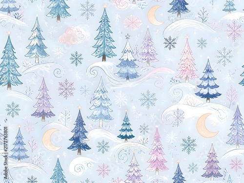 fantasy surreal pastel doodle Winter pattern featuring pine trees and snowflakes