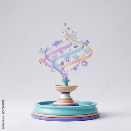 Colorful abstract sculpture with swirling ribbons and floating shapes