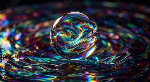 Iridescent Liquid Droplet Swirling With Vibrant Rainbow Colors on a Reflective Surface