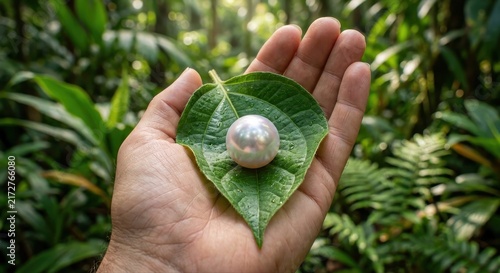 Large Iridescent Pearl Resting on a Green Leaf Held in a Hand Amidst Lush Tropical Foliage