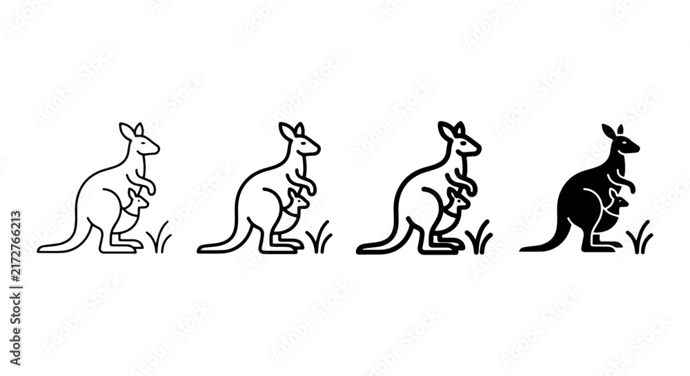 Fototapeta premium Kangaroo Icons Set: Simple Line Art & Silhouette, Australian Wildlife Vector Graphics