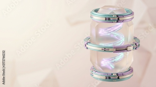 Futuristic transparent glass container with glowing pink liquid