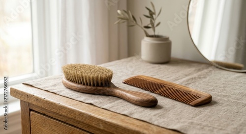 Natural Bristle Hair Brush and Wooden Comb Set on Linen Surface