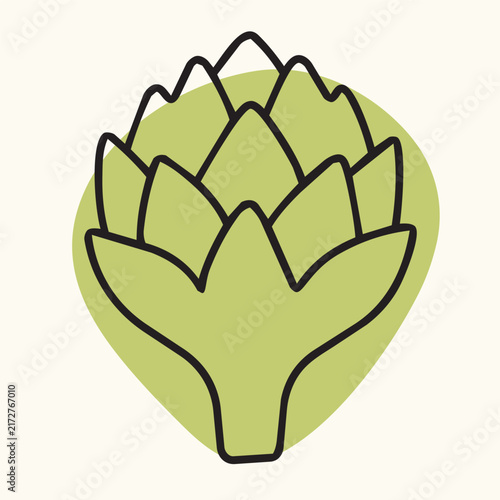 Minimalist artichoke vegetable line art vector illustration. Flat cartoon food icon with abstract green shape background isolated element
