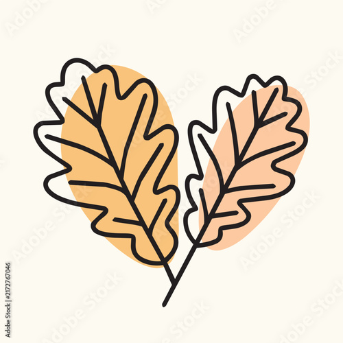 Minimalist oak leaves line art vector illustration. Flat cartoon autumn botanical sprig icon with beige abstract shape background element