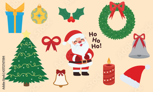 Christmas holiday icons bundle with Santa Claus vector illustration. Flat cartoon winter elements set with tree, gift, wreath, hat, and candle
