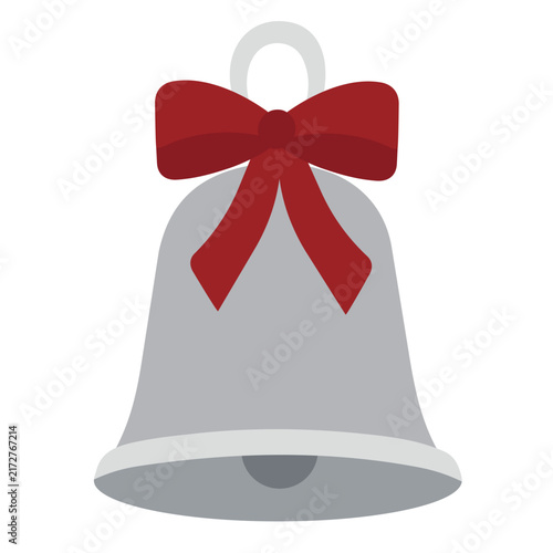 Silver Christmas bell with big red bow vector illustration. Flat cartoon jingle bell ornament, festive winter holiday decoration isolated design element
