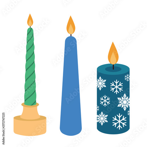 Christmas colorful candles set vector illustration. Flat cartoon green, blue, and patterned candle with flames, cozy holiday decoration isolated design element