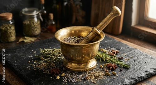 Polished Brass Mortar and Pestle with Dried Herbs and Spices on a Textured Stone Surface