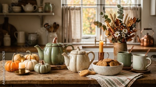 Autumn Tea Party: A cozy autumnal arrangement featuring pumpkin teapots, gourds, cookies, and a bouquet of dried flowers on a rustic wooden table, evoking warmth and comfort.