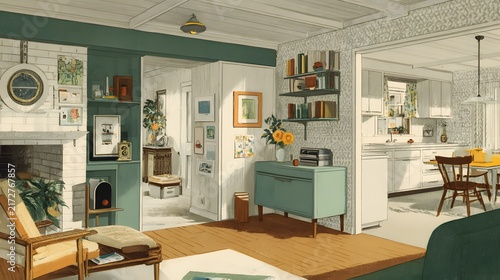 Retro Mid Century Modern Interior Illustration with Kitchen and Living Room