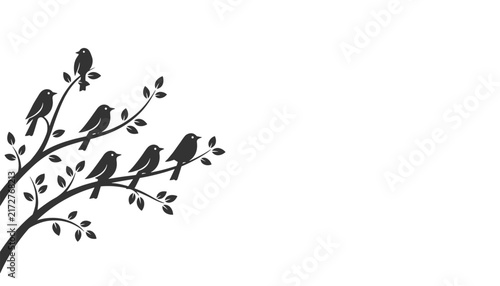 Beautiful black silhouettes of six little birds perched on a curved leafy tree branch on a clean white background.