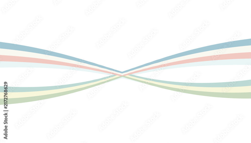 Obraz premium Elegant intersecting wave bands in soft pastel blue pink and green tones flowing across a white background.