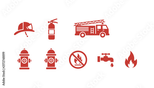 Grid of red firefighting icons including helmet, extinguisher, fire truck, hydrant, and flame on a white background.