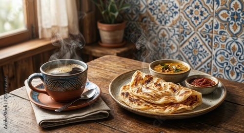 Steaming cup of hot coffee alongside a traditional Indian paratha and curry on a rustic wooden table