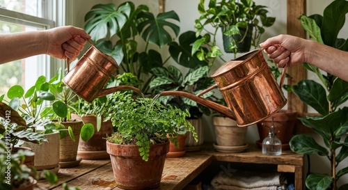 Two copper watering cans gently watering lush houseplants in a well-lit indoor garden setting