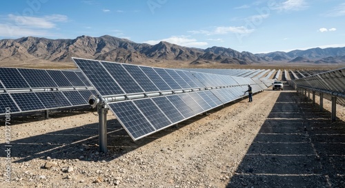 Vast desert landscape featuring a large bifacial solar farm under a clear blue sky with mountains in the background