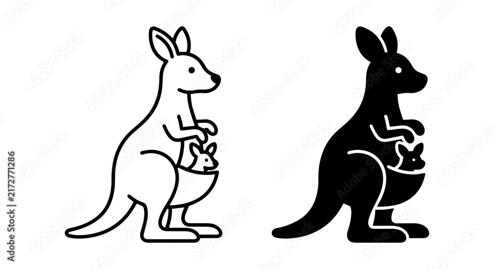 Obraz premium Kangaroo and Joey Vector Icons, Australian Wildlife Silhouette, Simple Outline Art