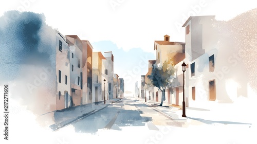 Modern Watercolor Illustration of an Empty Urban Street and Buildings